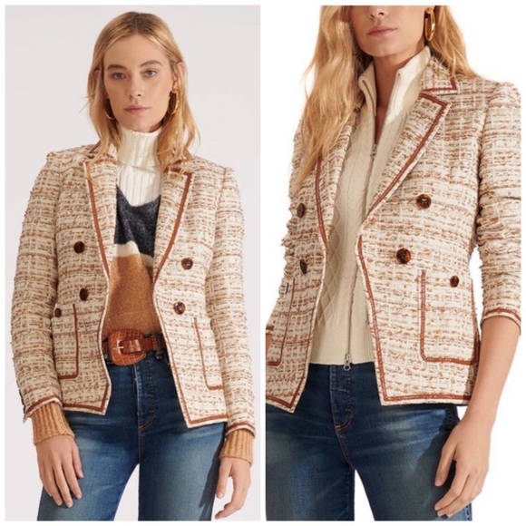 Veronica Beard Theron Double Breasted Tweed Jacket Size 10 Cream Tan - Picture 1 of 6